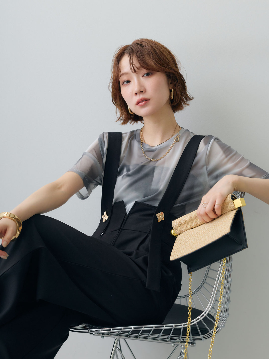 [SET]水彩アートシアーTシャツ+ゴールドボタンサスペンダーワイドパンツ(2set)