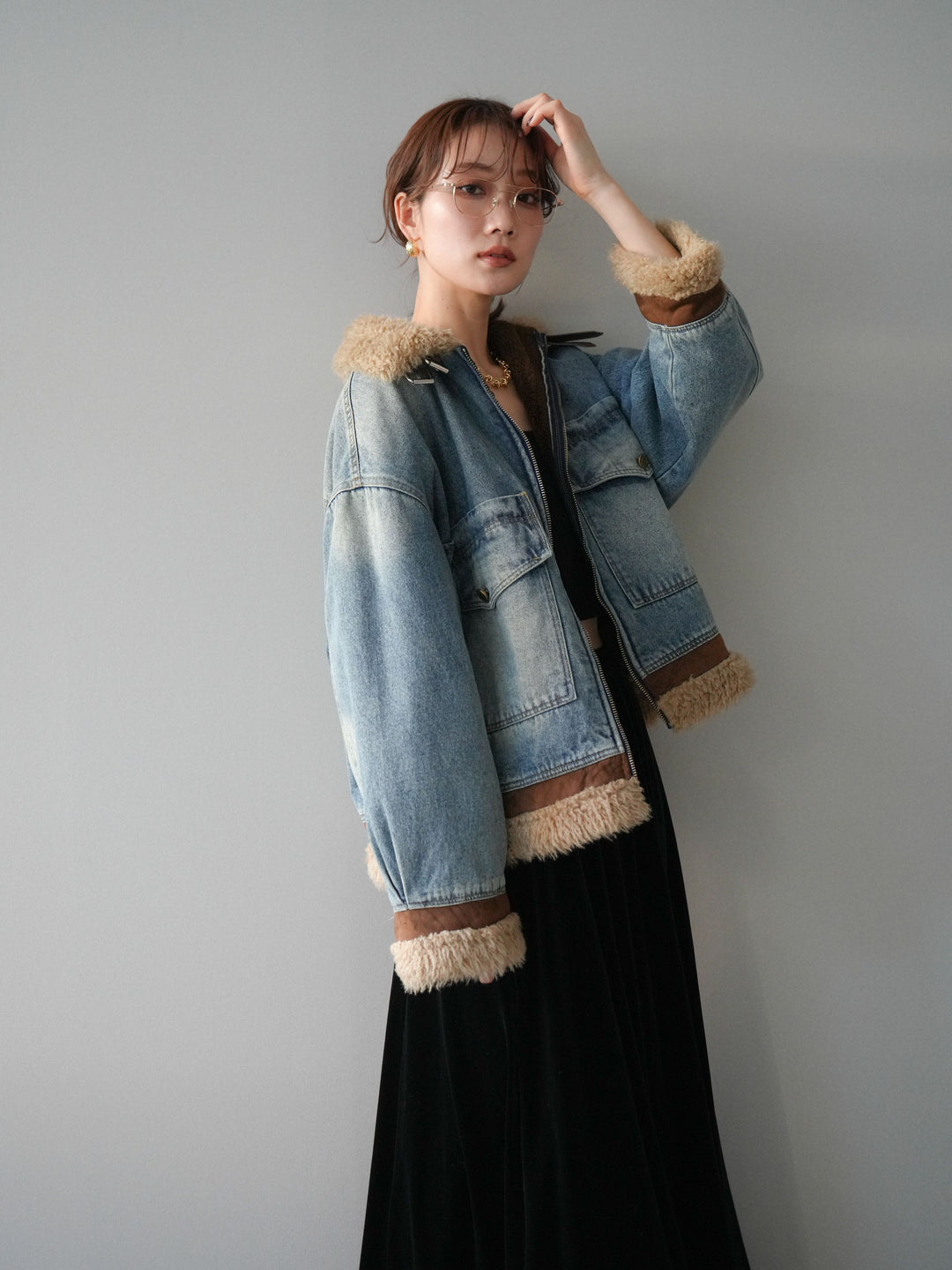 [予約]スタンドカラーファー×デニムジャケット/lightblue
