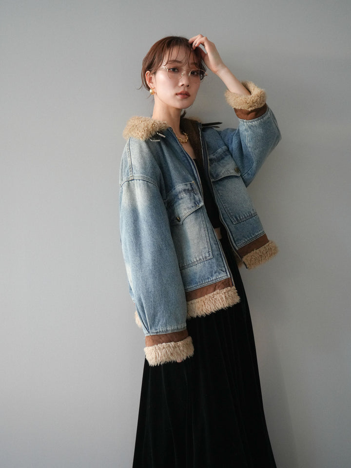[予約]スタンドカラーファー×デニムジャケット/lightblue
