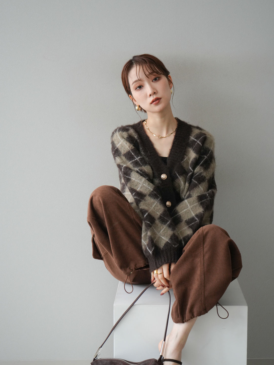 [予約]アーガイルシャギーニットカーディガン/brown