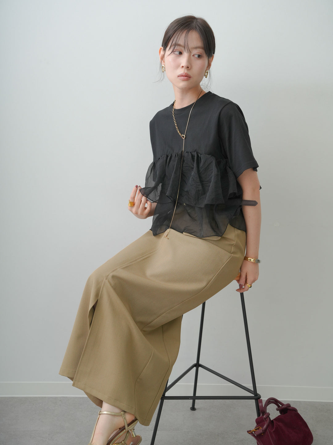 [SET]オーガンジーフリルドッキングTEE+クレープデシンフラップ付きストレートスカート(2set)