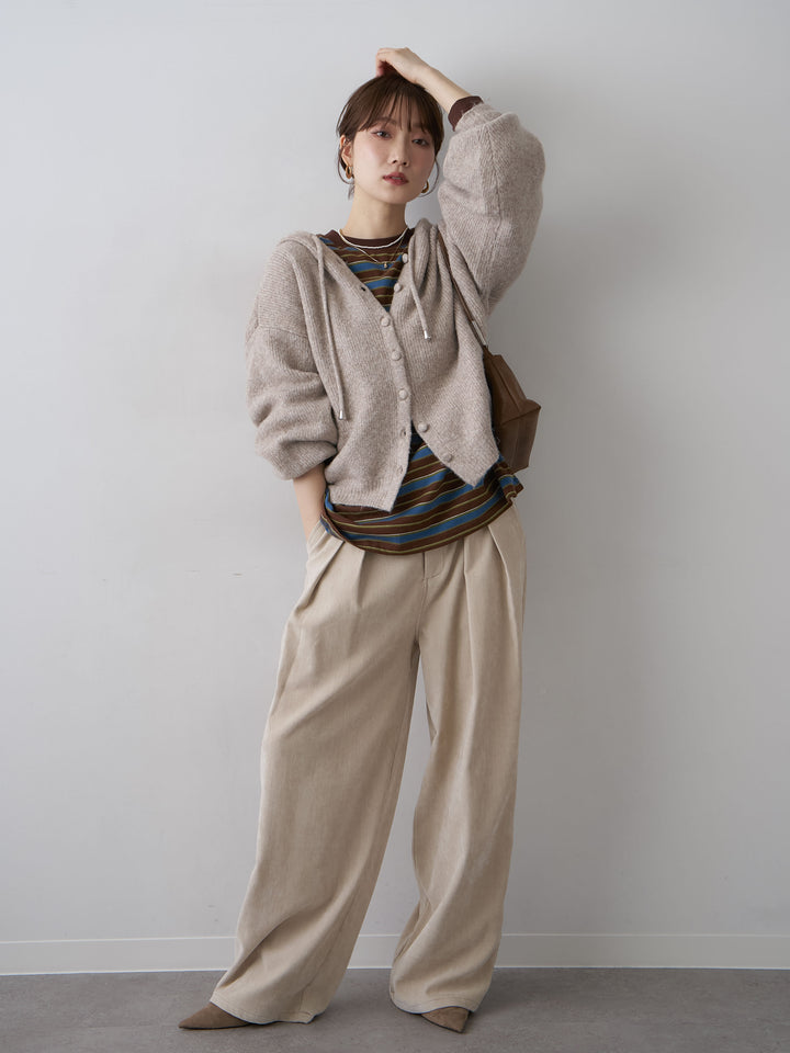 [SET]アルパカタッチソフトリブフードニットトップス+マルチボーダーロンTEE+ベロアデニムタックワイドパンツ(3set)