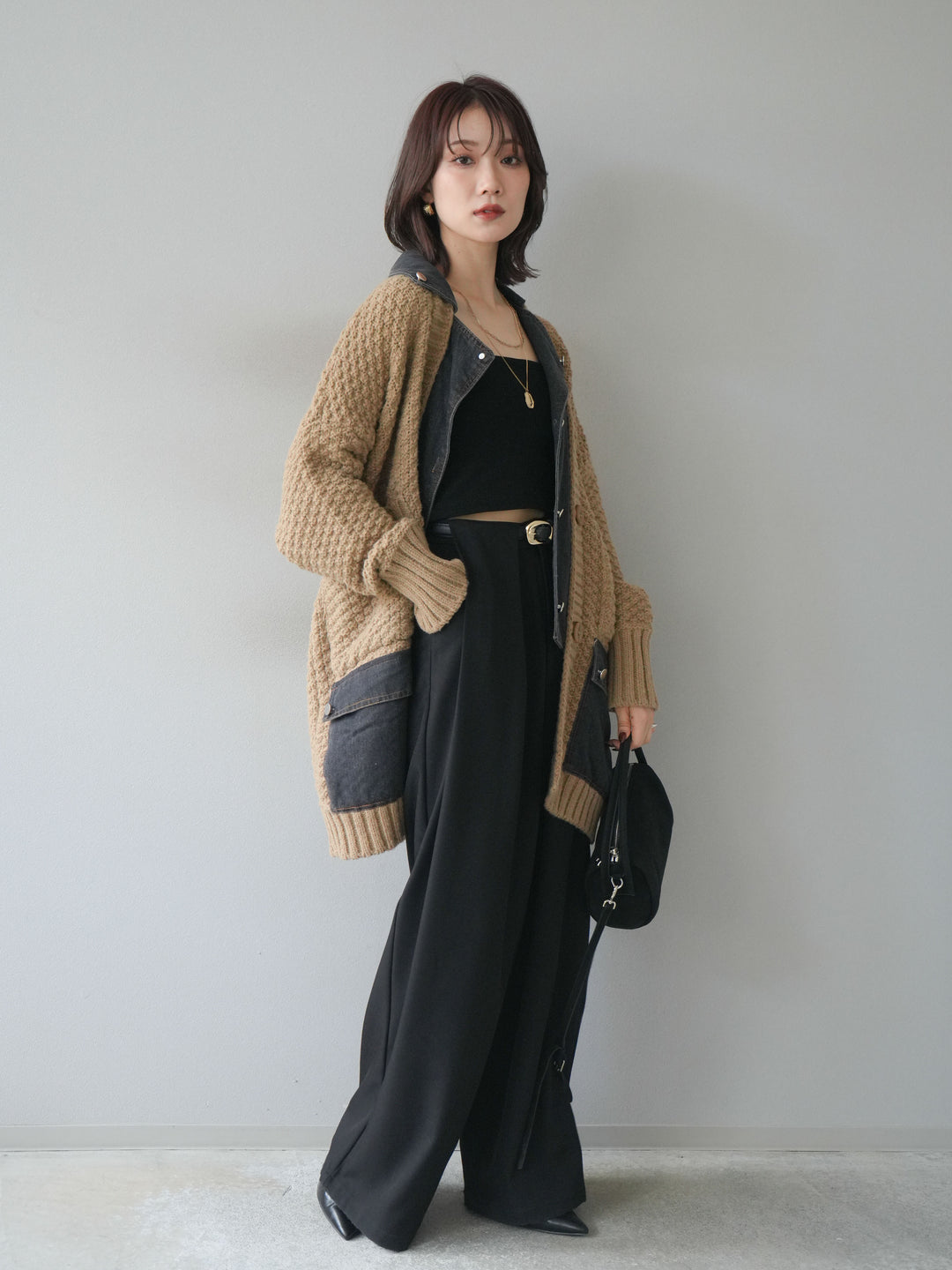 [SET]デニム襟レイヤードニットジャケット+ベルトループデザインワイドパンツ(2set)