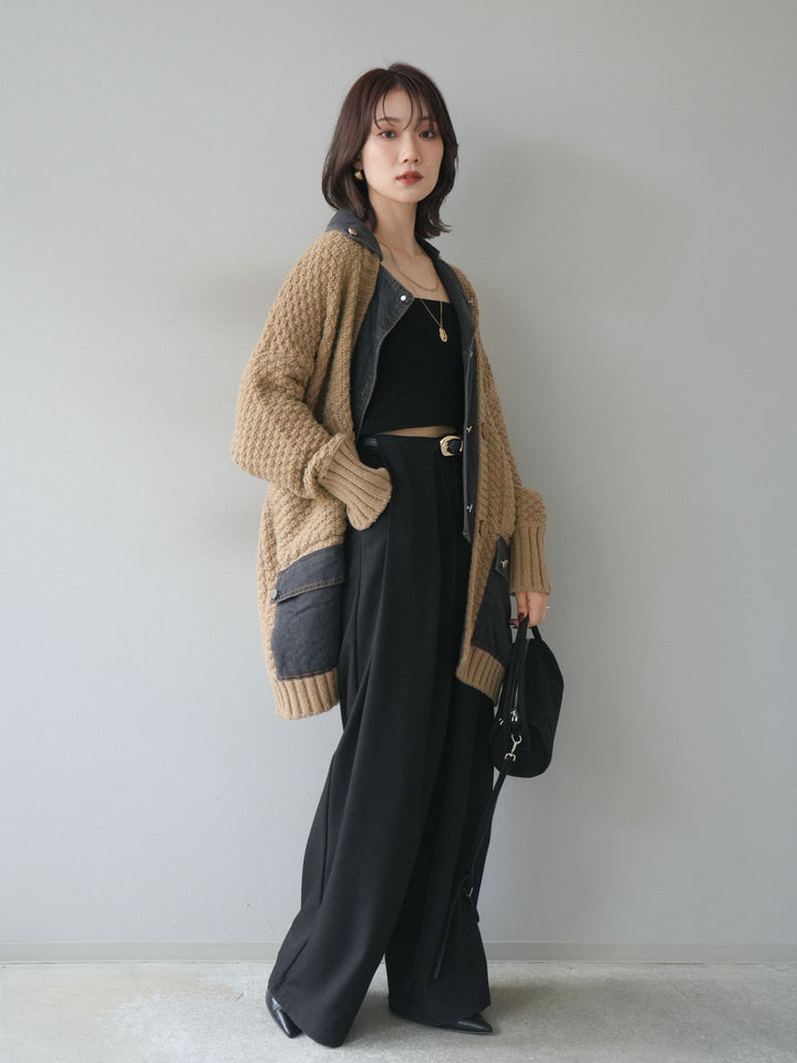 [SET]デニム襟レイヤードニットジャケット+ベルトループデザインワイドパンツ(2set)