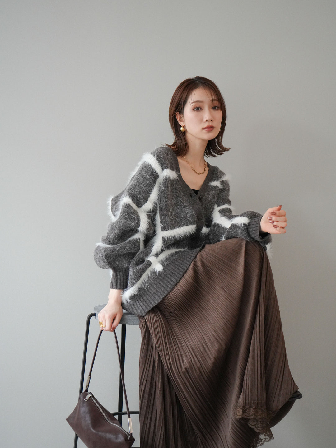 [予約]ミックスシャギーチェックカーディガン/brown