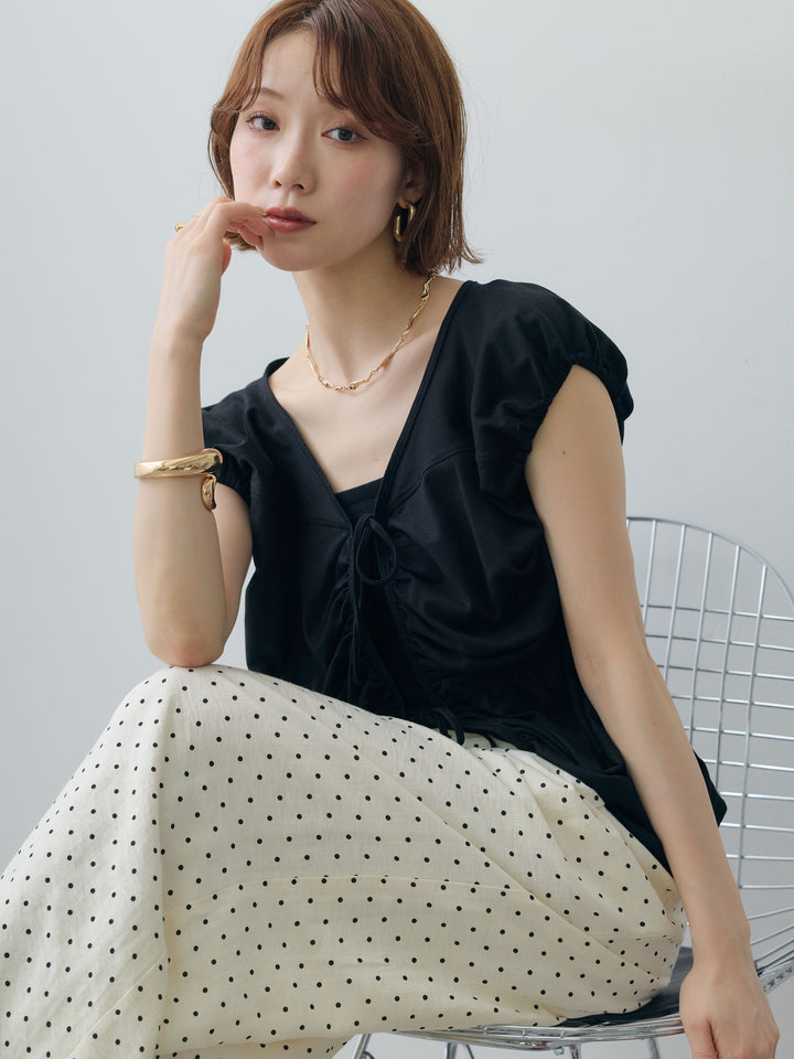 [予約]フレンチスリーブフロントリボンギャザートップス/black