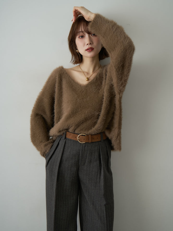 [SET]バックリボンVネックシャギーニットトップス+ピンストライプタックワイドパンツ(2set)