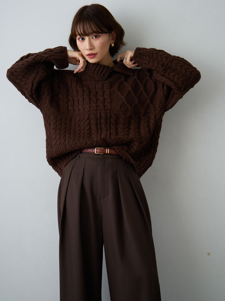 [予約]ネックボタンミックスケーブルニットトップス/brown