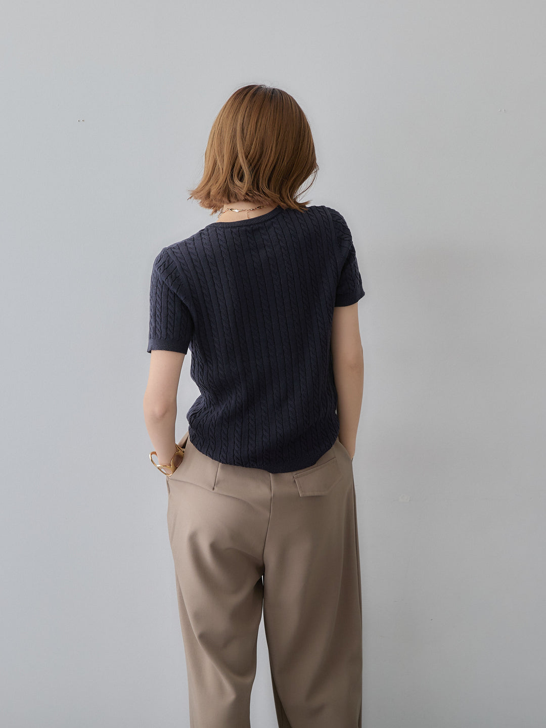 [予約]ヘンリーケーブルハーフニットトップス/blue