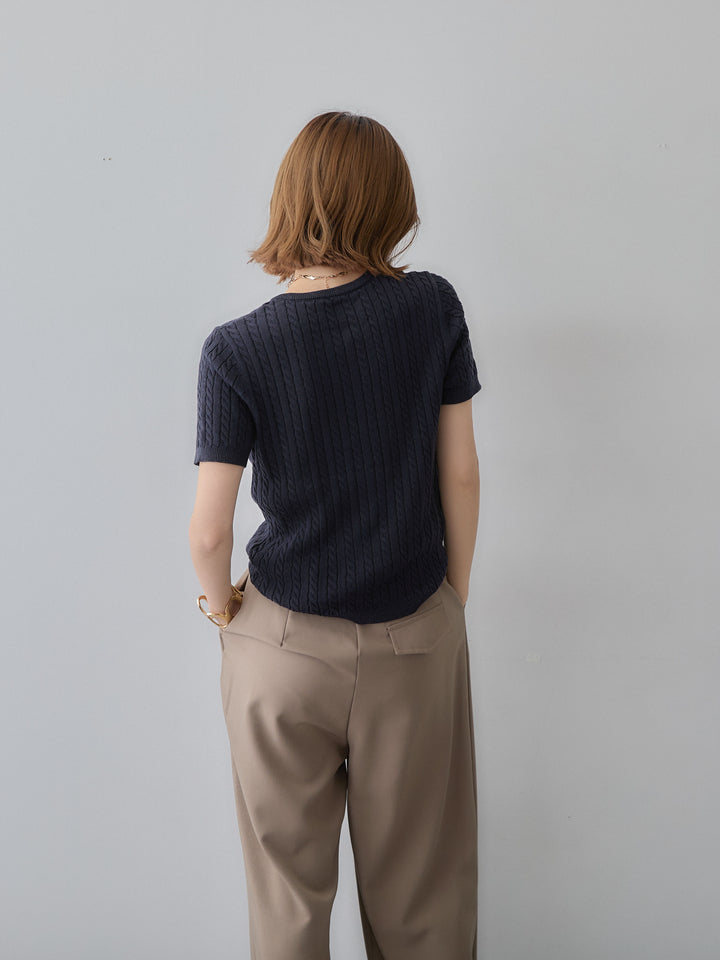 [予約]ヘンリーケーブルハーフニットトップス/blue