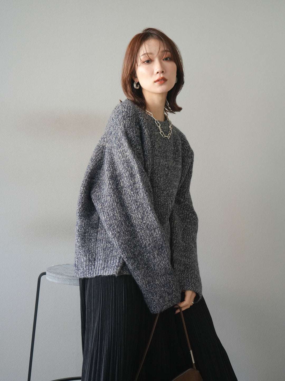 [予約]クルーネック畦編みミックスニット/navy