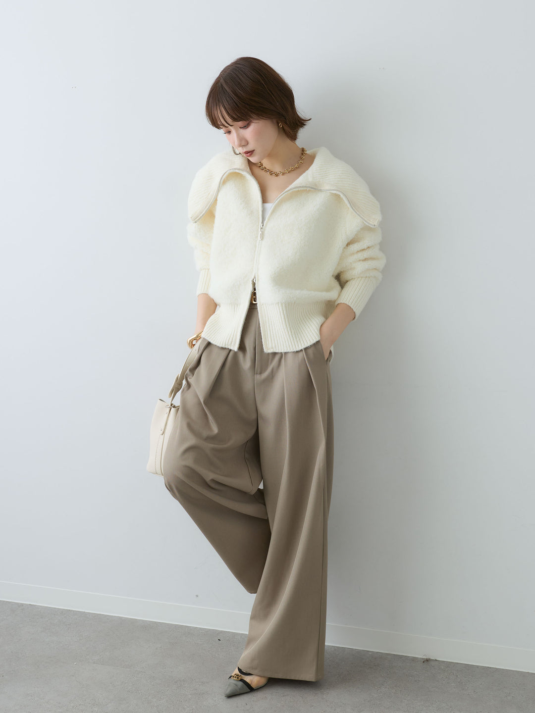 [SET]ビッグカラーシャギーニットブルゾン+ツイルタックワイドパンツ(2set)