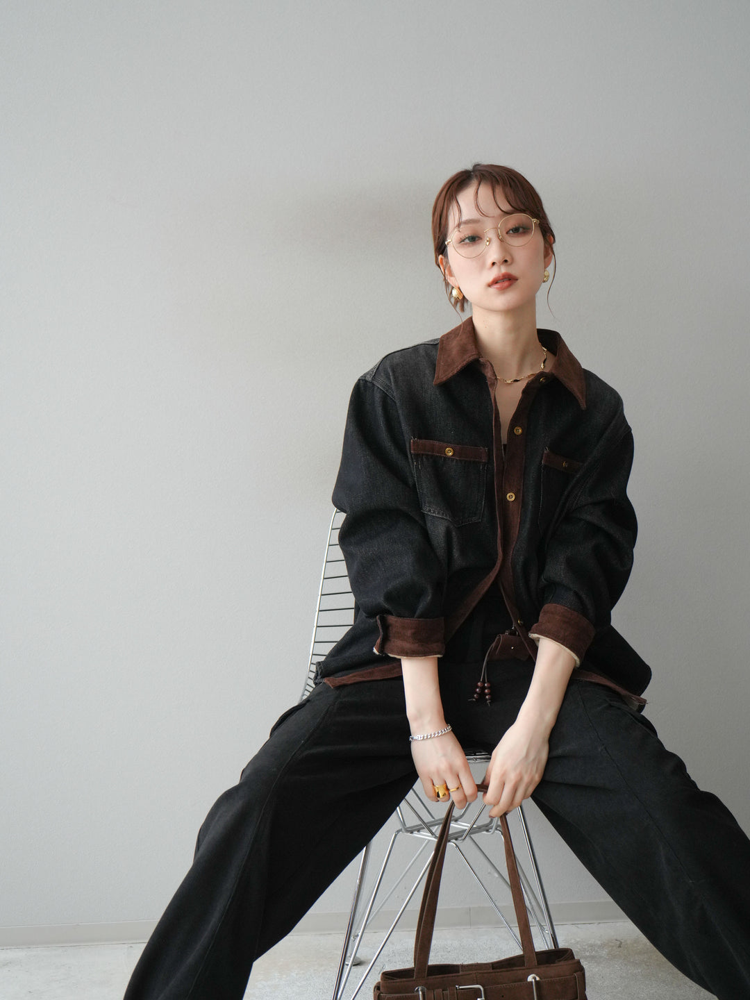 [予約]裏起毛コーデュロイ襟デニムシャツジャケット/black