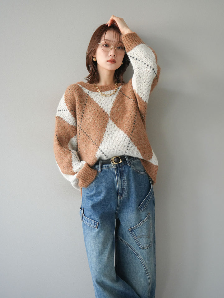 [予約]アーガイルオーバーニットプルオーバー/camel