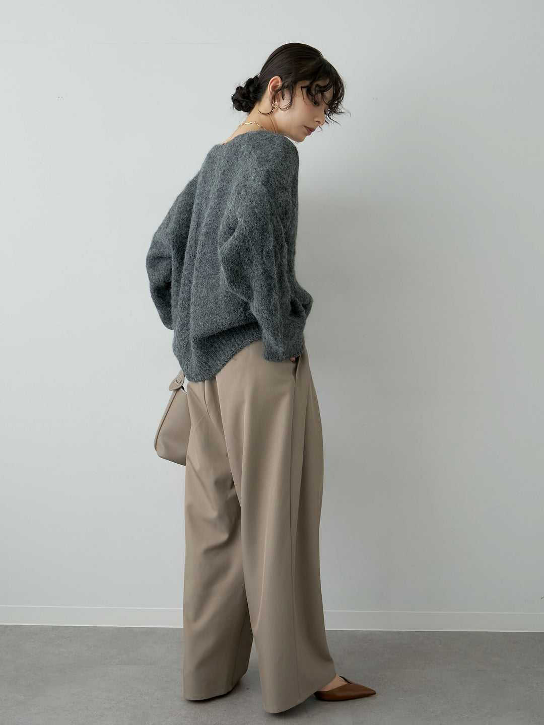 [SET]ゴールドボタンケーブルシャギーガーディガン+ツイルタックワイドパンツ(2set)