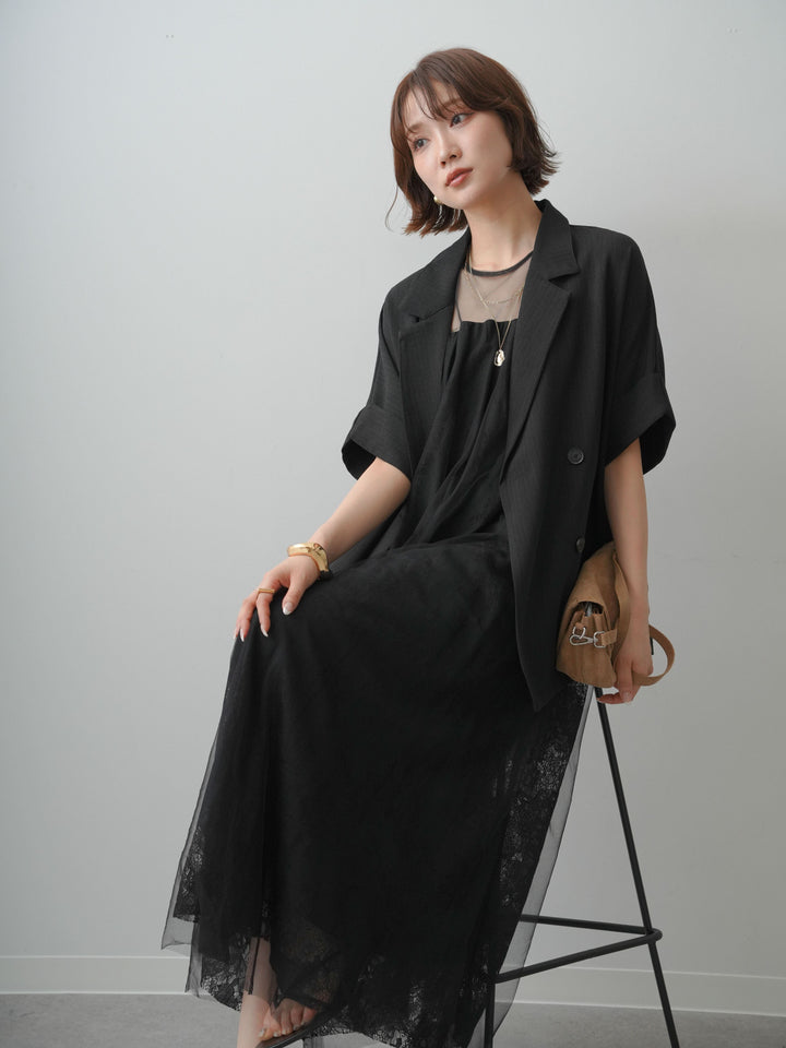 【套裝】薄紗蕾絲層疊無袖連身裙+亞麻質感半雙層外套（兩件套）