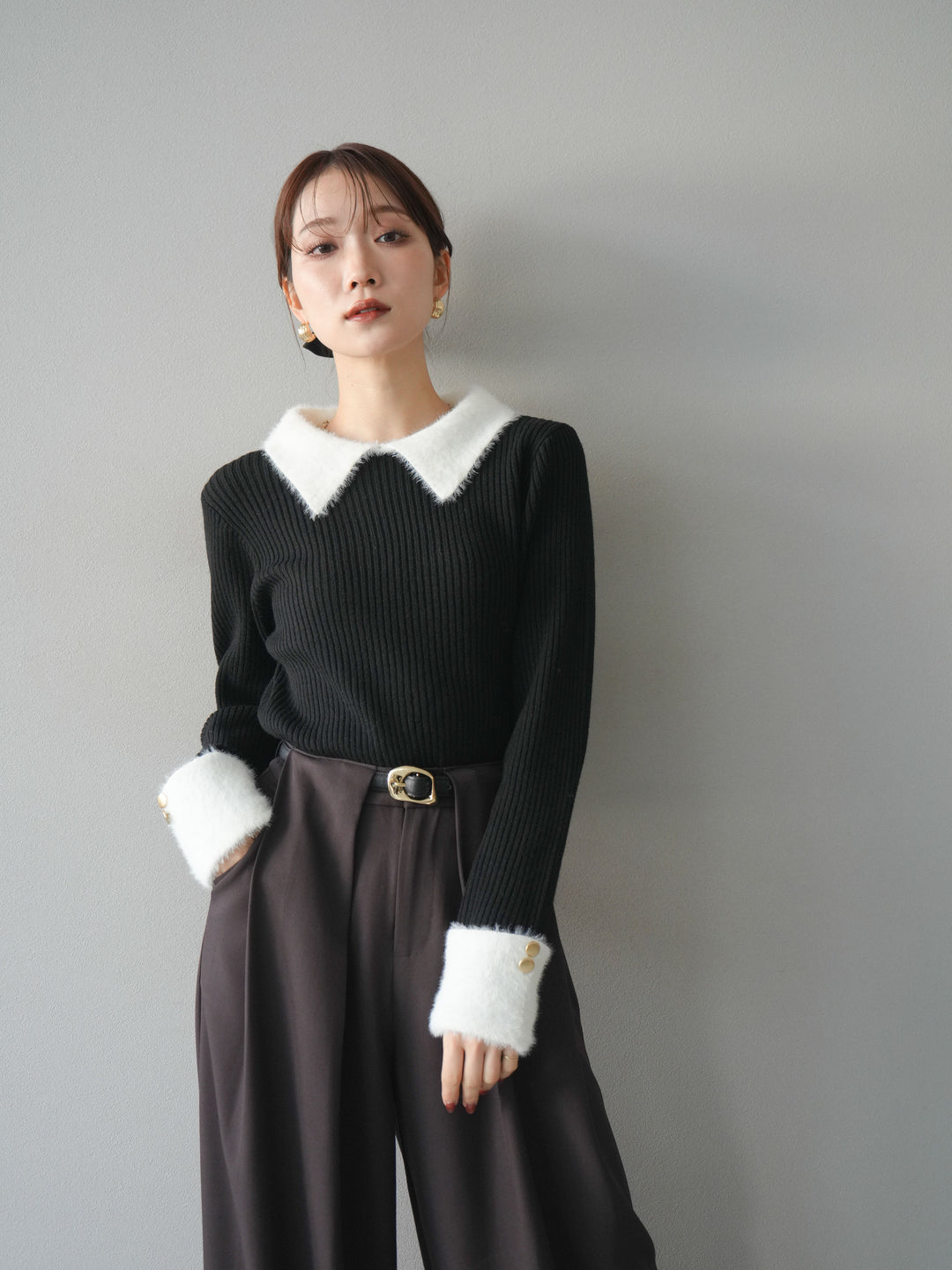 [SET]シャギー襟リブニットトップス+ベルトループデザインワイドパンツ(2set)