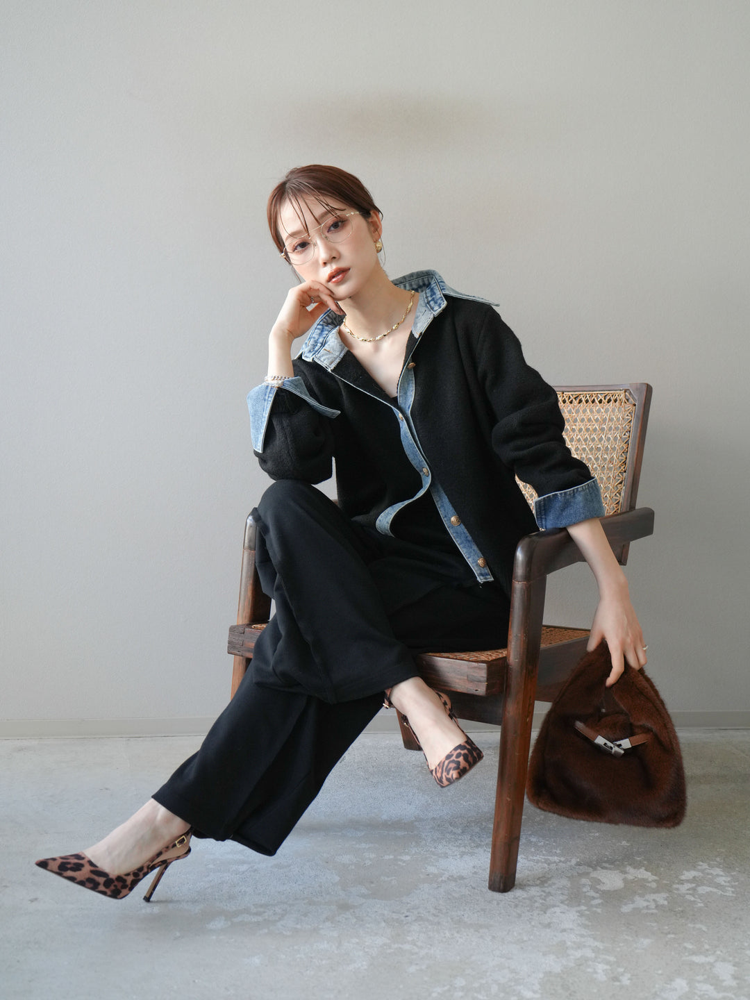 [予約]デニム襟ボタンニットカーディガン/black