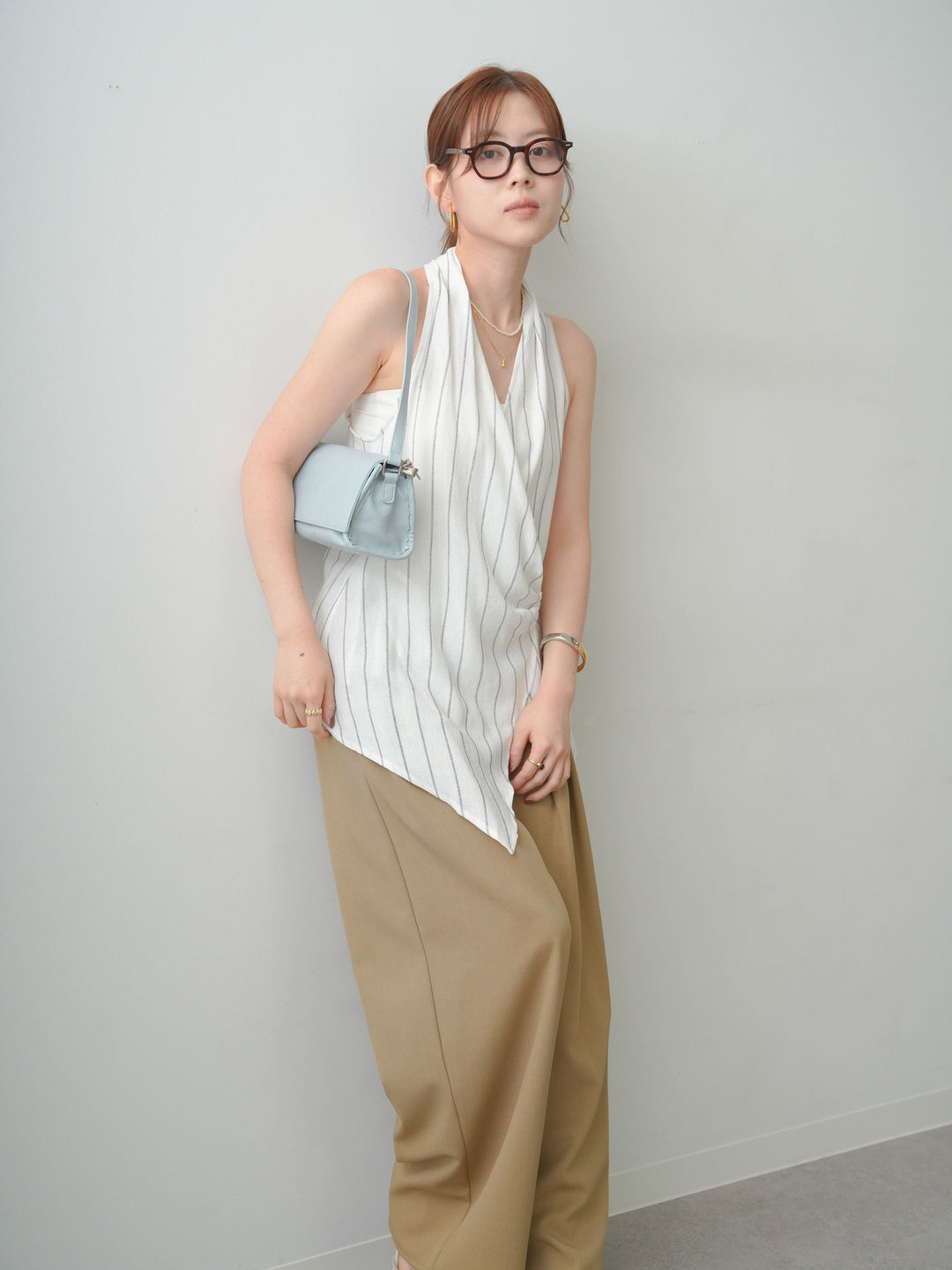 [SET]ストライプカシュクールジレ+クレープデシンタックワイドパンツ(2set)