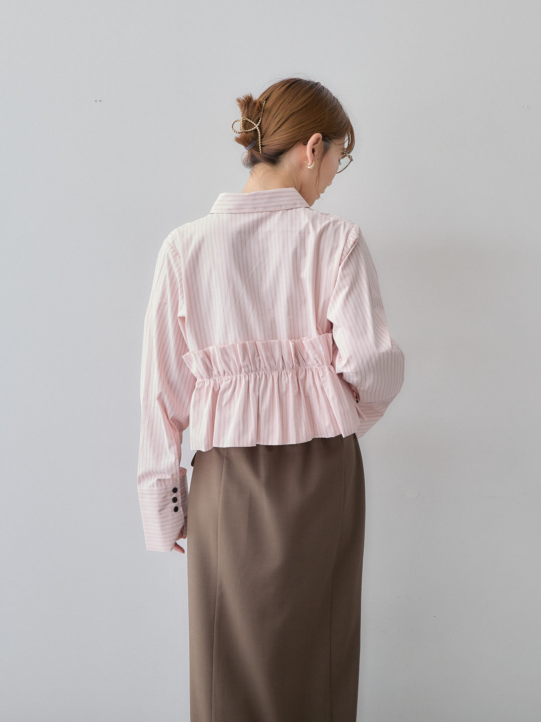 [SET]ストライプフリルシャツ+クレープデシンフラップ付きストレートスカート(2set)