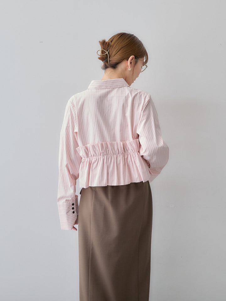 [SET]ストライプフリルシャツ+クレープデシンフラップ付きストレートスカート(2set)