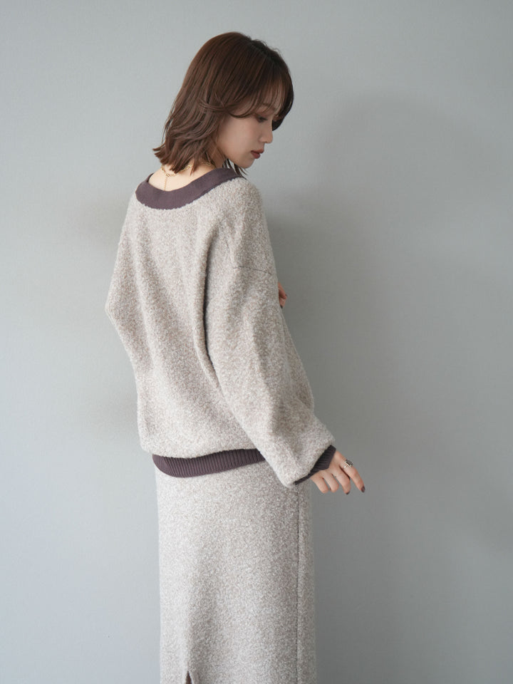 [SET]ブークレバイカラーニットカーディガン+ブークレバイカラータイトニットスカート(2set)