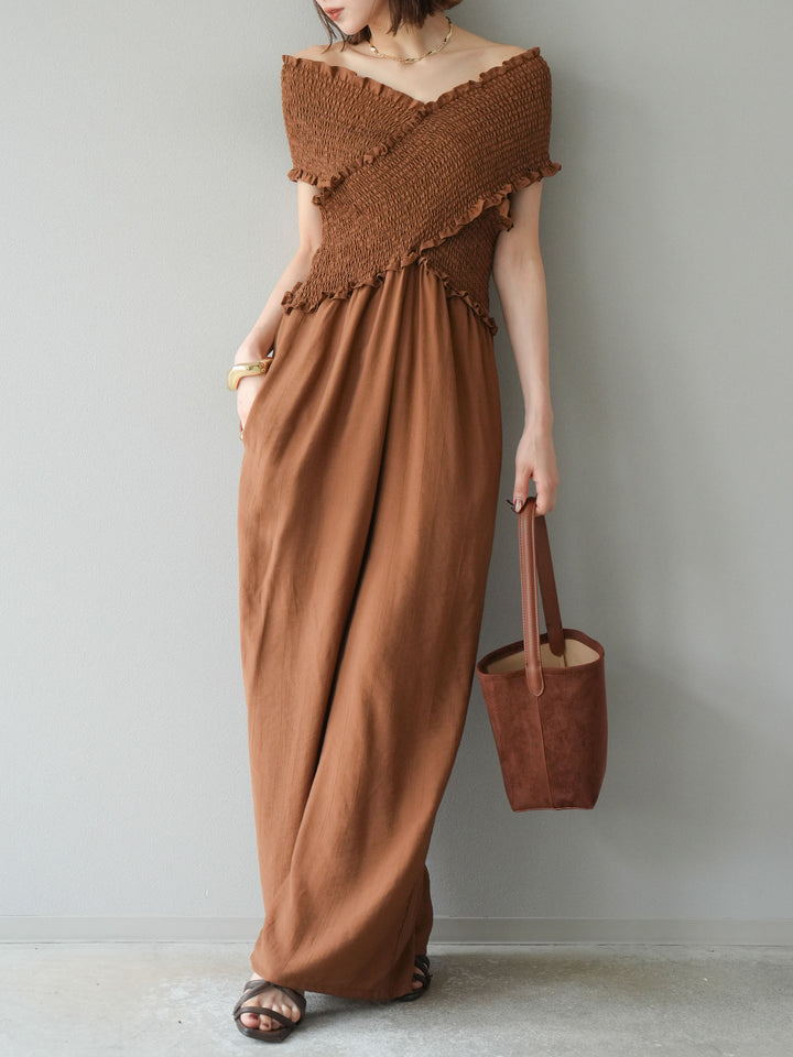 [予約]シャーリングクロスサロペット/ブラウン