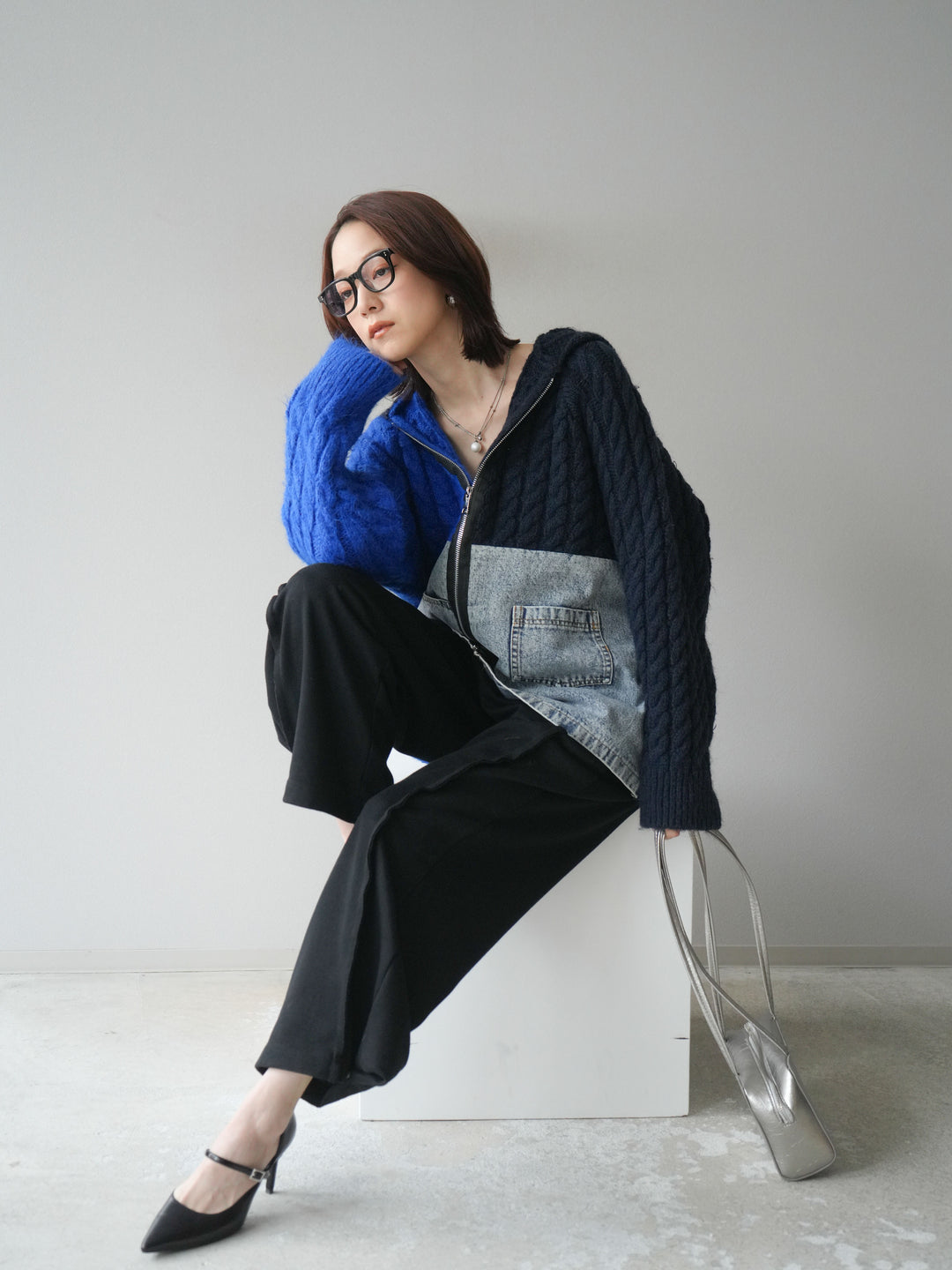 [予約]デニム×バイカラーニットZIPフーディ/blue