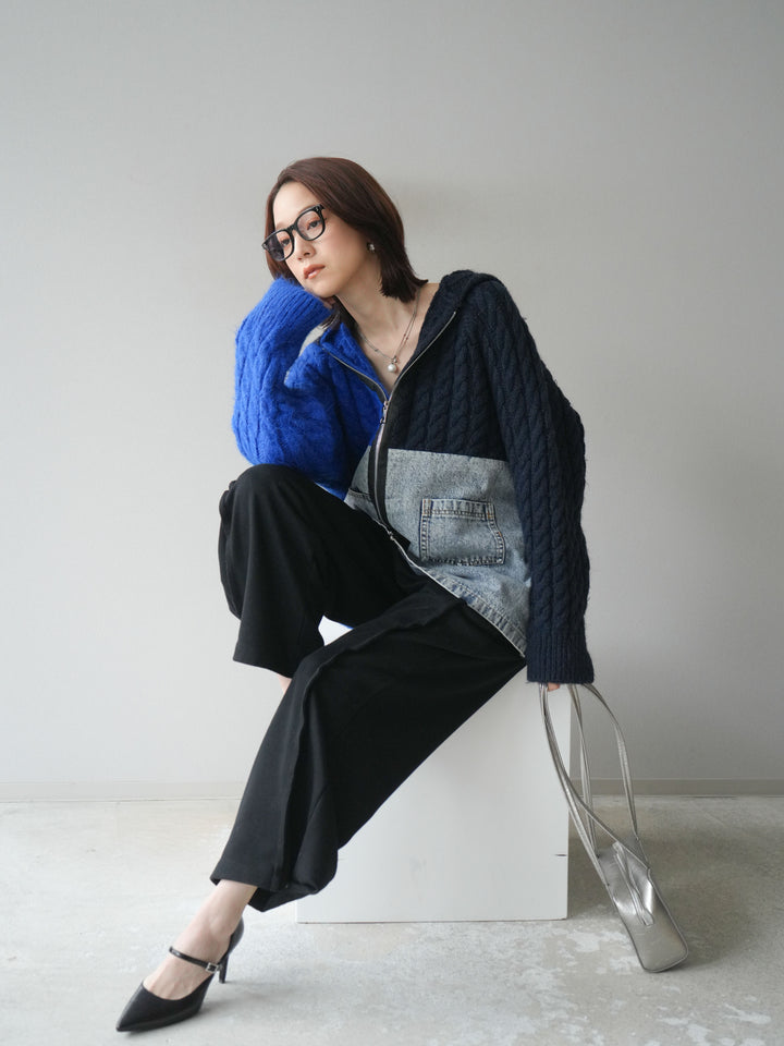 [予約]デニム×バイカラーニットZIPフーディ/blue