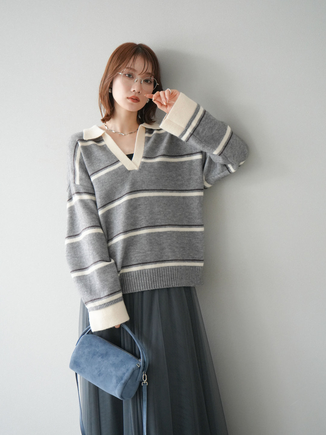 [SET]ポロ襟スキッパーボーダーニットプルオーバー+チュールボリュームスカート(2set)