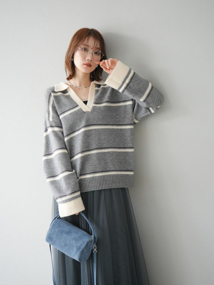 [SET]ポロ襟スキッパーボーダーニットプルオーバー+チュールボリュームスカート(2set)