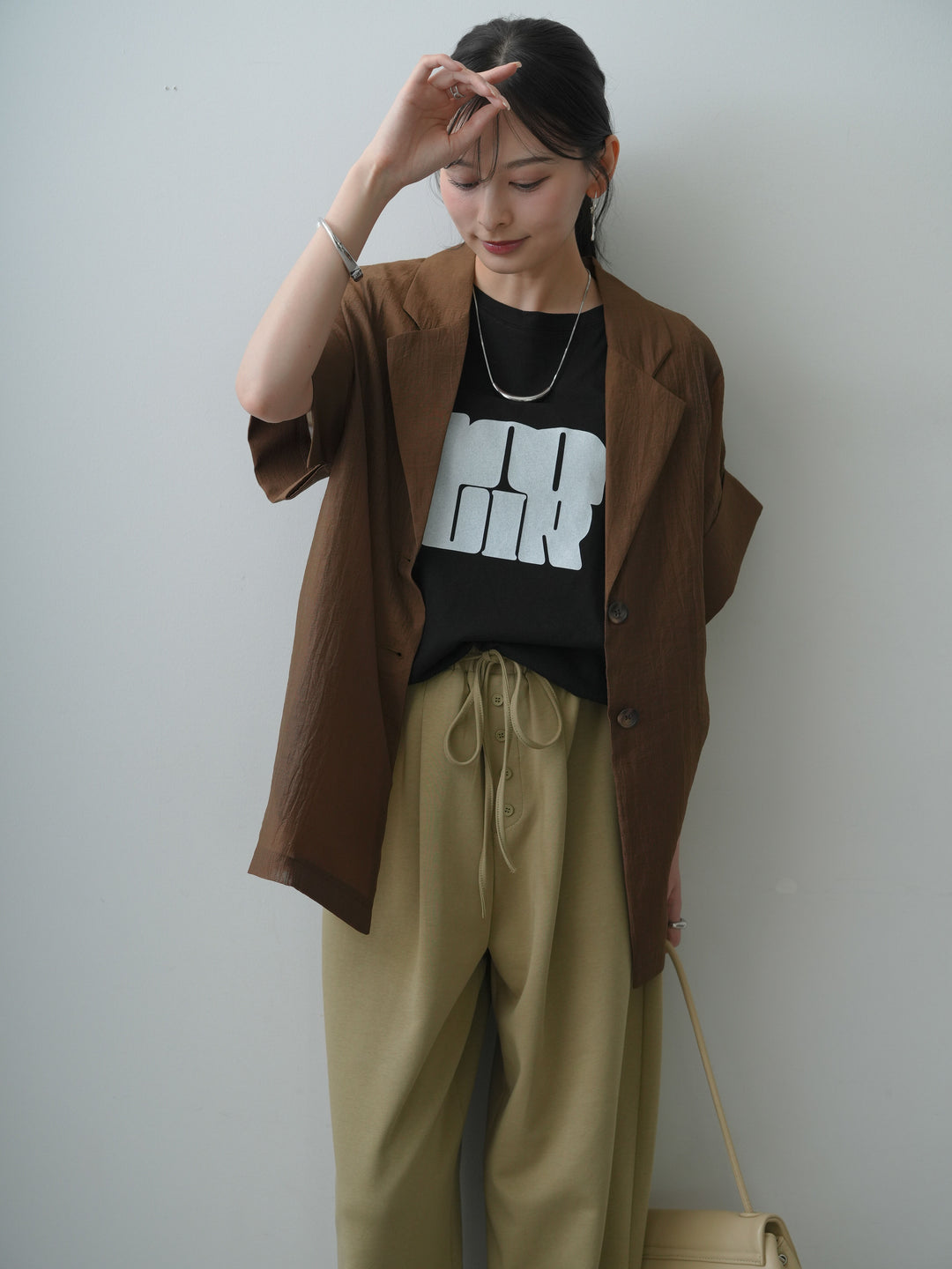 [SET]シアーオーバー半袖ジャケット+ショルダータックノースリーブオーバーTEE+リラックスドレープスウェットパンツ(3set)