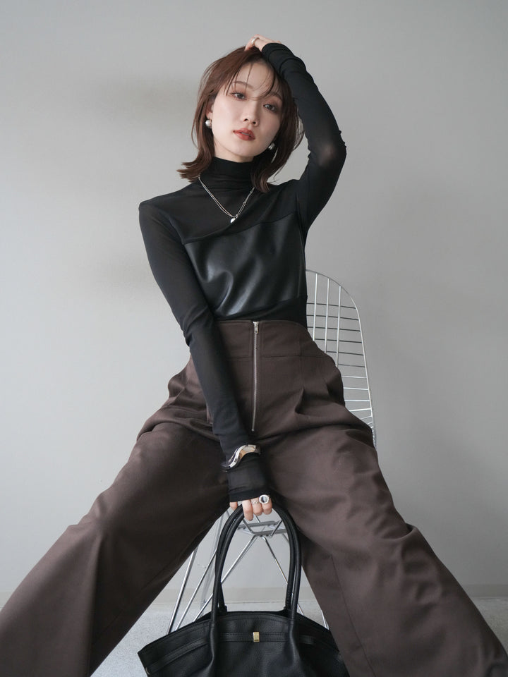 [予約]レザー切替プチネックシアートップス/black