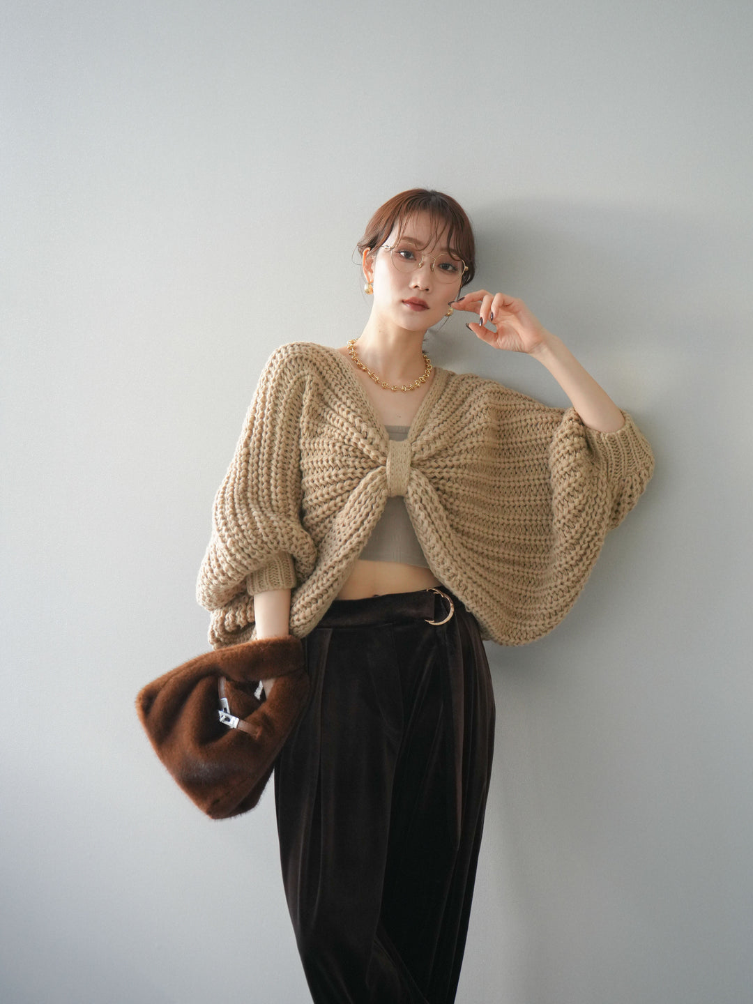 [予約]ローゲージ畦編みドルマンニットボレロ/beige