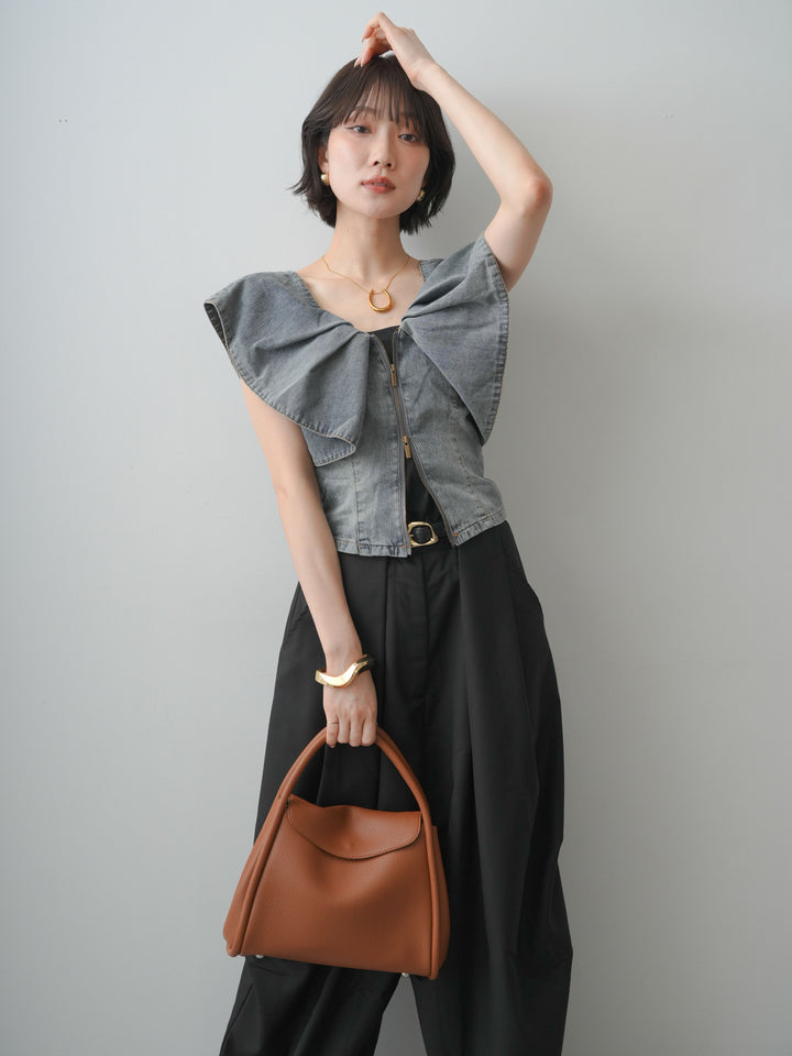 [SET]フロントジップフリルカラーデニムトップス+ショルダータックノースリーブオーバーTEE+ベルトループカーブタックワイドパンツ(3set)