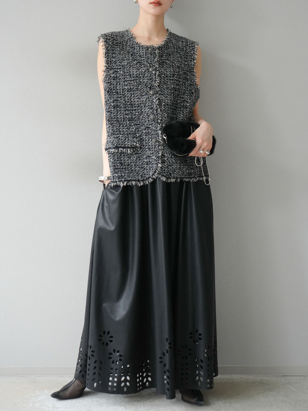 [予約]ミックスツイードフリンジニットベスト/ブラック