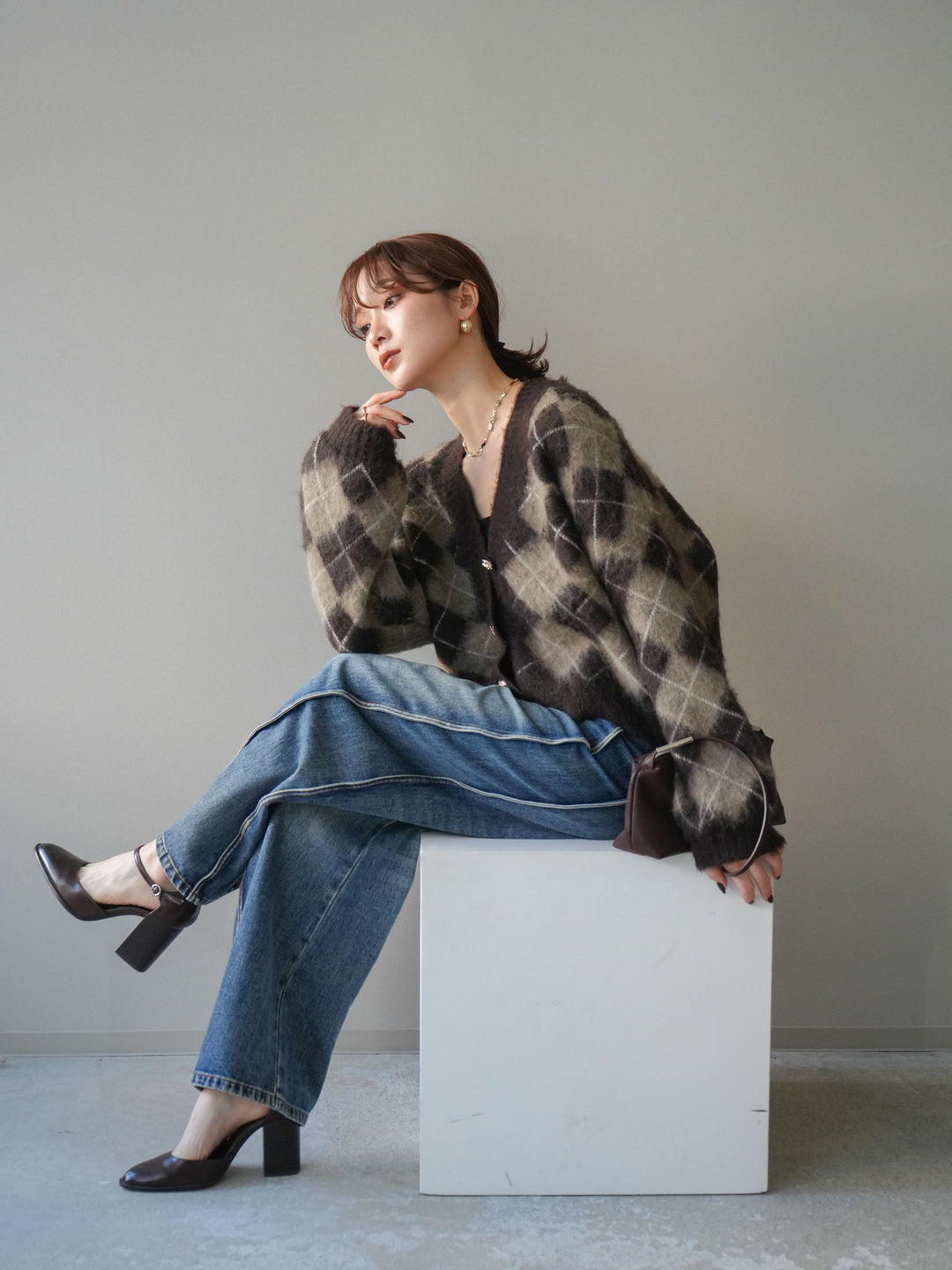 [予約]アーガイルシャギーニットカーディガン/brown