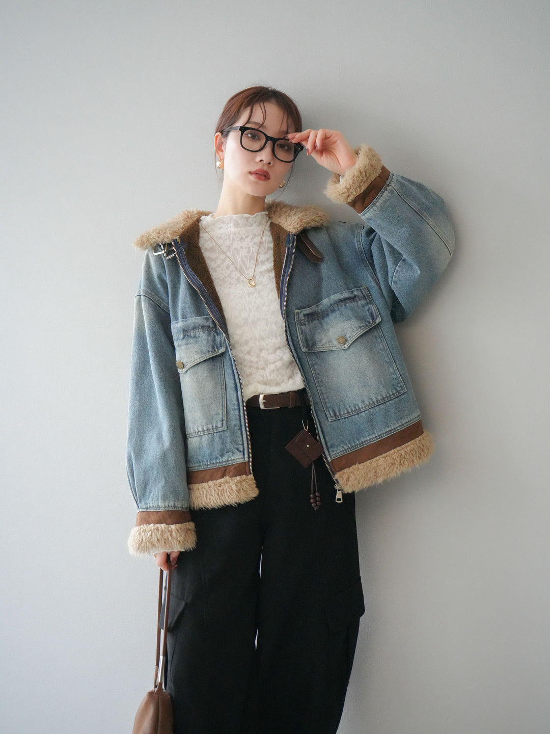 [予約]スタンドカラーファー×デニムジャケット/lightblue