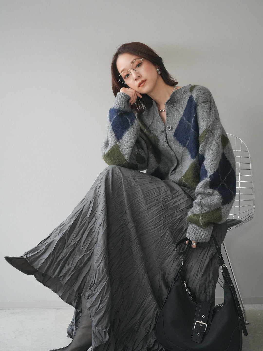 [予約]モヘアタッチアーガイルニットカーディガン/ gray