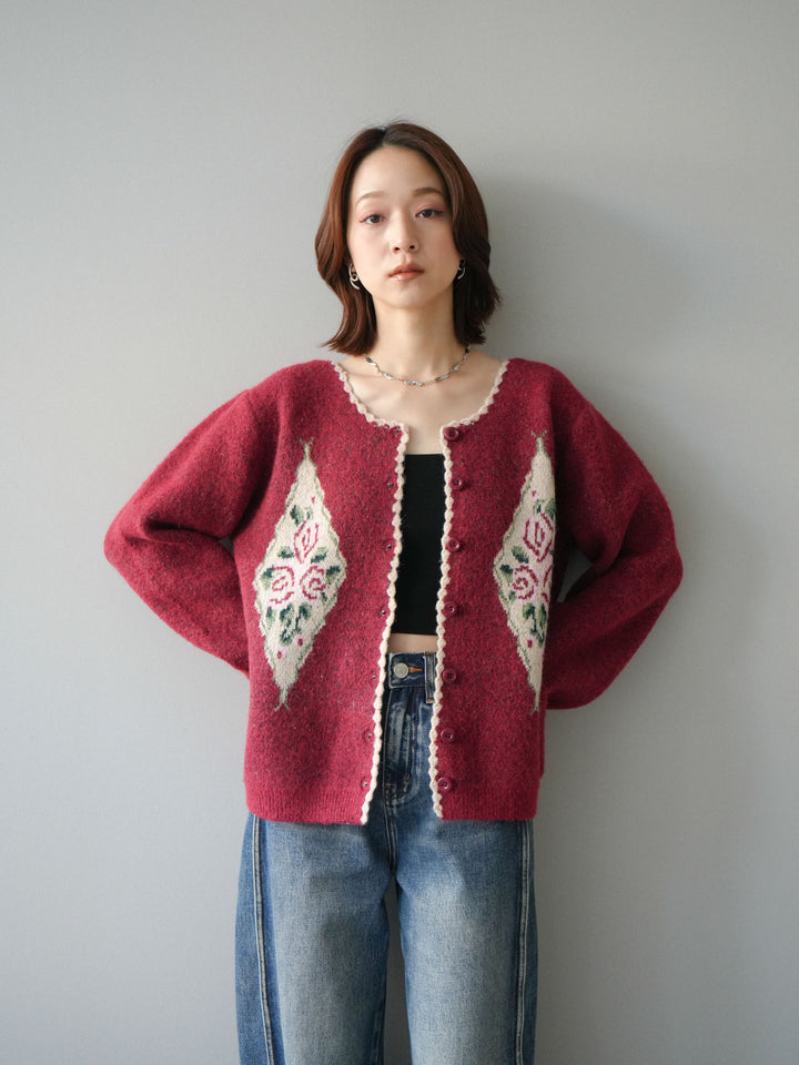 [予約]アンティークフラワージャガードニットカーディガン/red