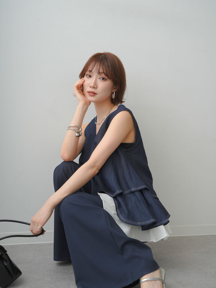 [SET]アシメフリルドッキングステッチノースリブラウス+ダブルバックルベルト付ワイドパンツ(2set)