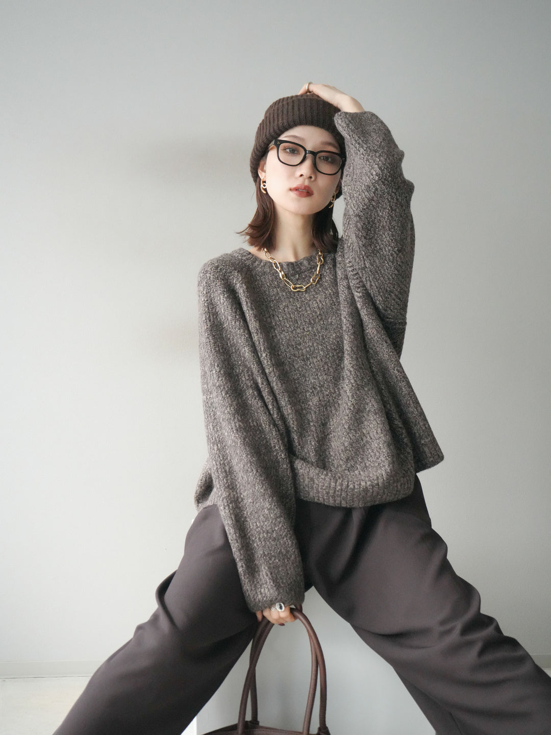 [SET]クルーネック畦編みミックスニット+選べるアクセセット(2set)