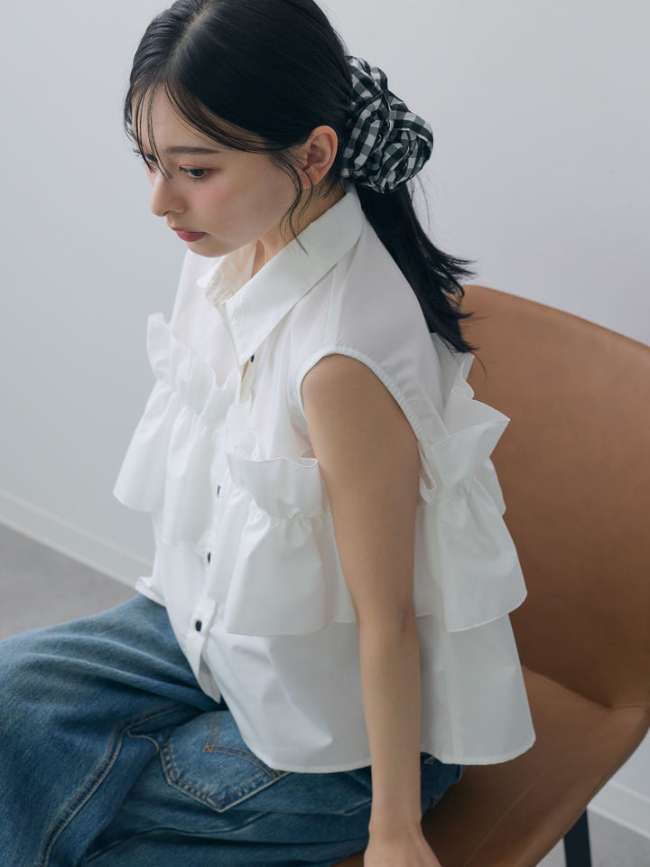 [SET]フリルノースリーブシャツ+ペインターカーブデニムパンツ(2set)