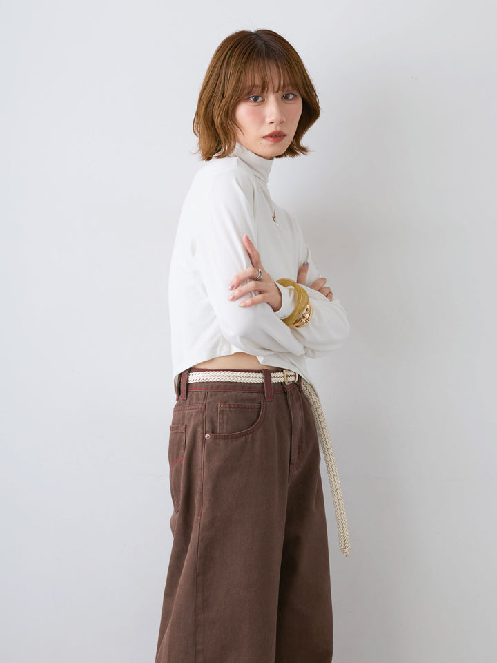 [SET]モックネックアシメヘムトップス+カラーステッチワイドパンツ(2set)