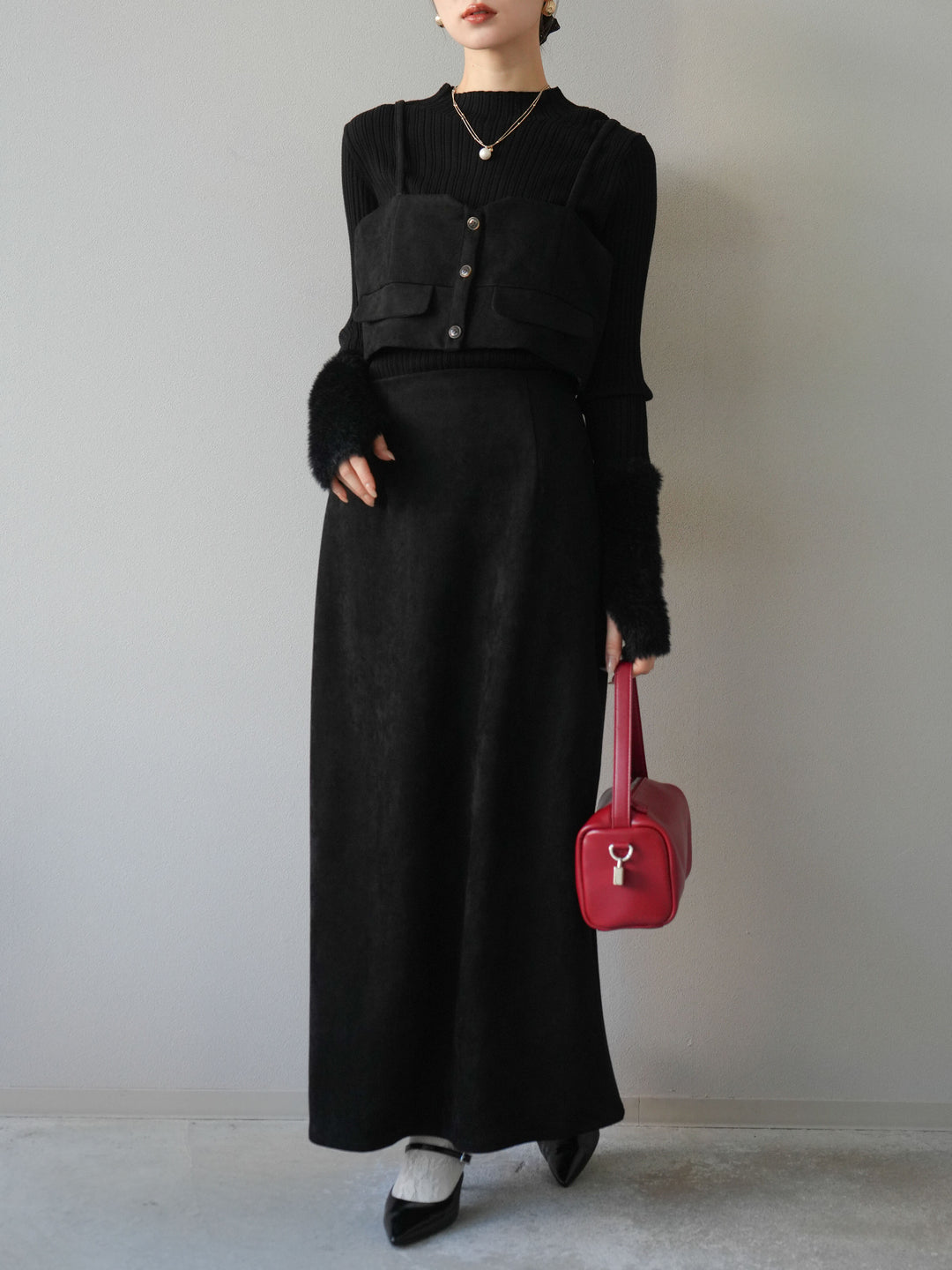 [SET]スウェードビスチェ+スウェードIラインスカート(2set)