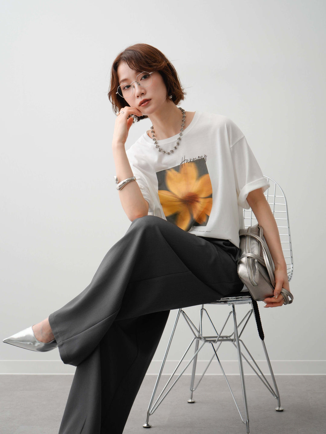 [SET]フラワーフォトTEE+ベルトループデザインワイドパンツ(2set)