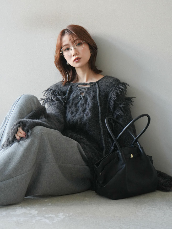 [予約]レースアップフリンジニットプルオーバー/gray