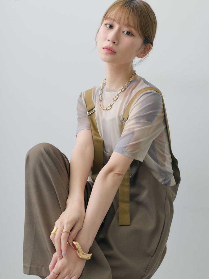 [SET]水彩アートシアーTシャツ+前後2wayドレープワイドオールインワン(2set)