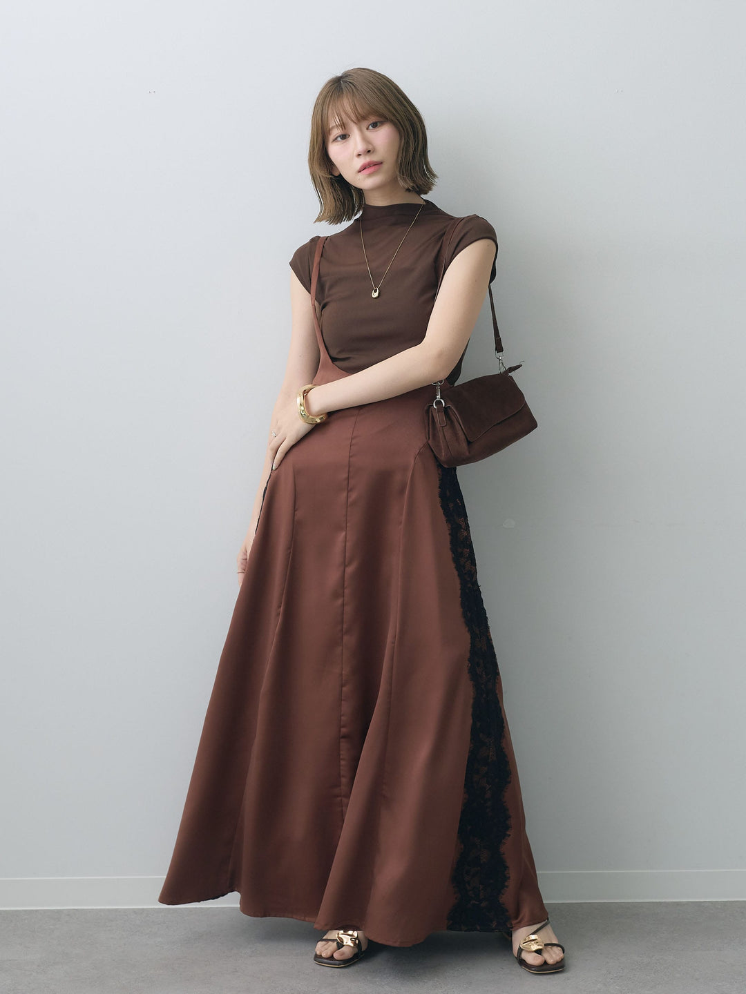 [予約]サイドレースサテンジャンパースカート/brown