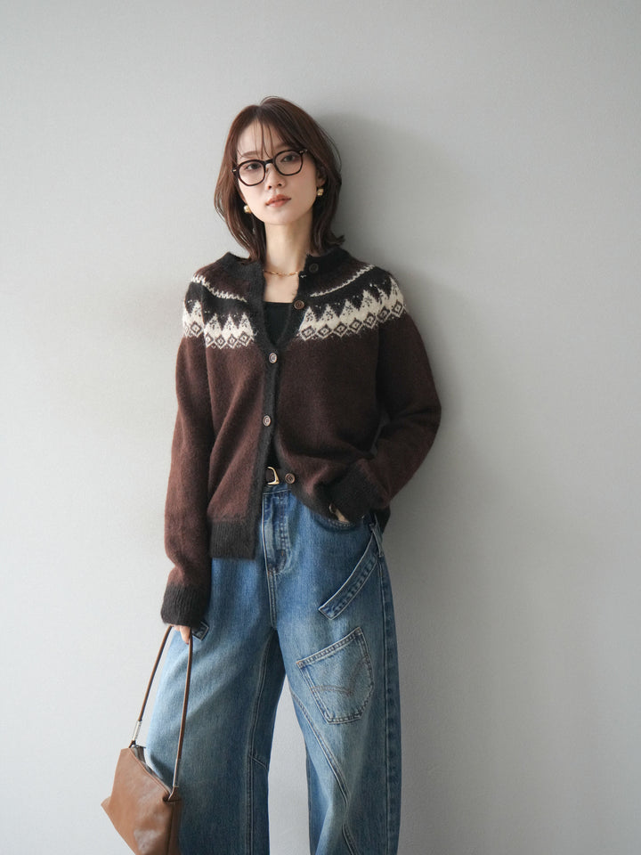 [SET]ノルディック柄ニットカーディガン+ペインターカーブデニムパンツ(2set)